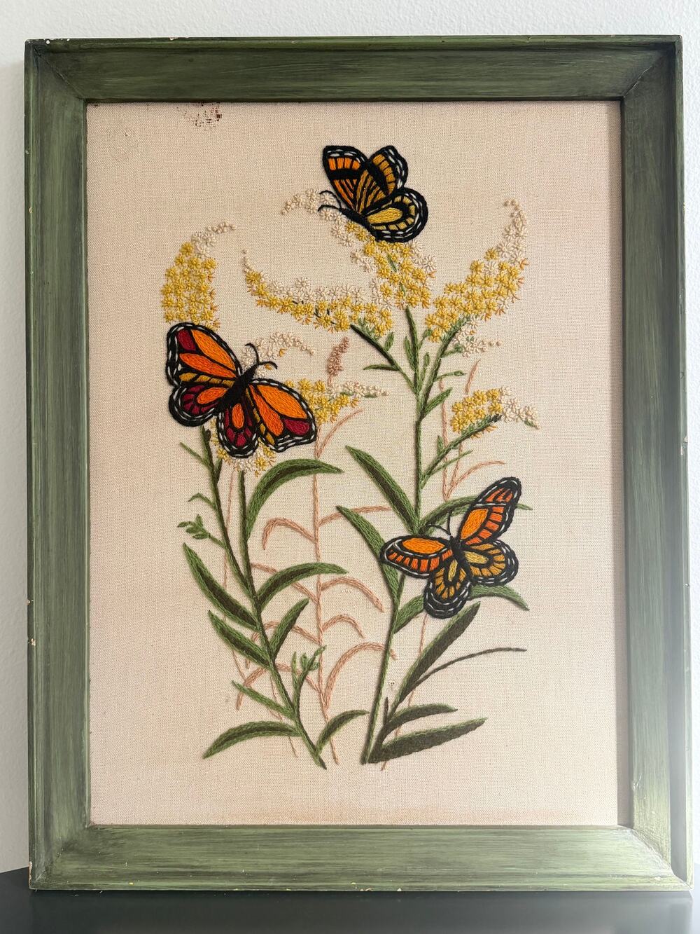 Vintage 1970s Crewel Embroidery Monarch Butterfly Framed Floral Boho Art